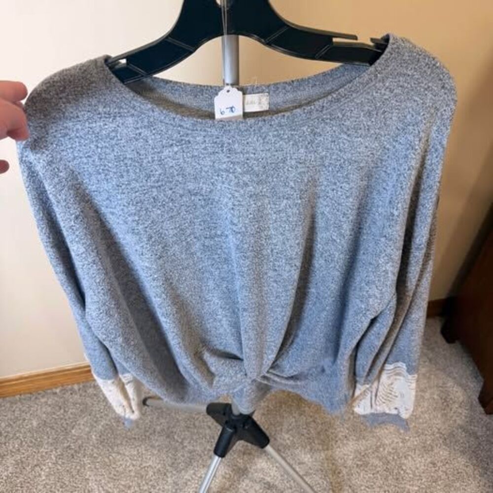 Altar'd State Grey Twist-Front Sweater with Lace Cuffs